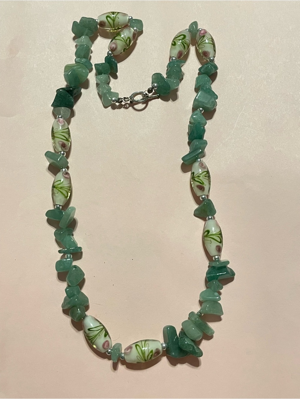 Pink Flower Art Glass & Advertine Bead Necklace #0141